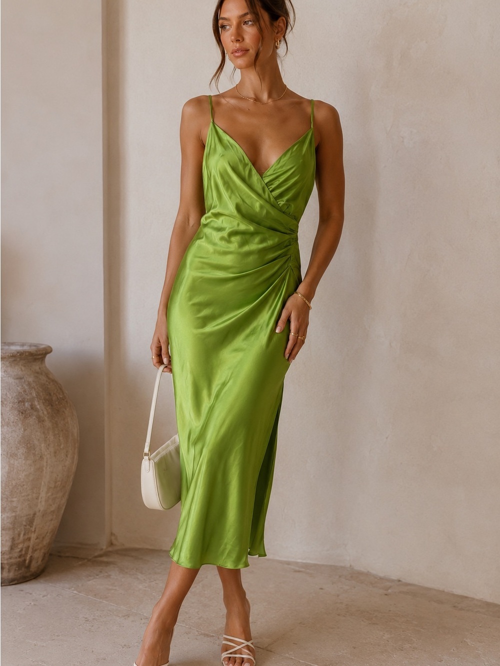 ZARA | Slip Midi Dress with Wrap Detail in Lime Green | M